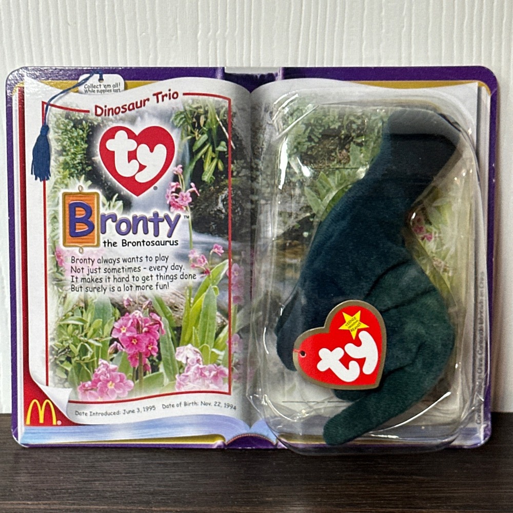 Ty McDonald's Teenie Beanie Baby Bronty Brontosaurus Dinosaur Trio 2000 Sealed